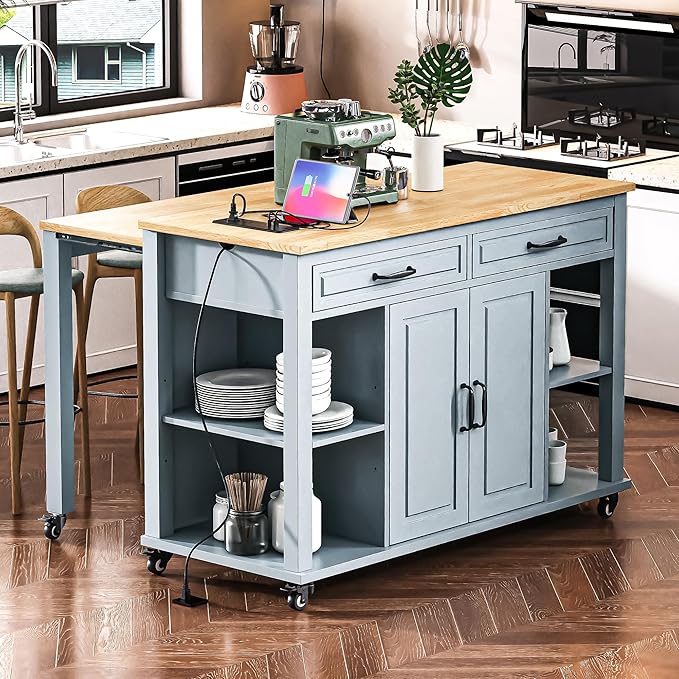 Merax Rolling Kitchen Island on Wheels with Extendable Dining Table & Power Outlet, Wood Kitchen Cart on Wheels with Internal Storage Rack,2 Drawers & 2 Cabinets, 47" Wide Grey Blue