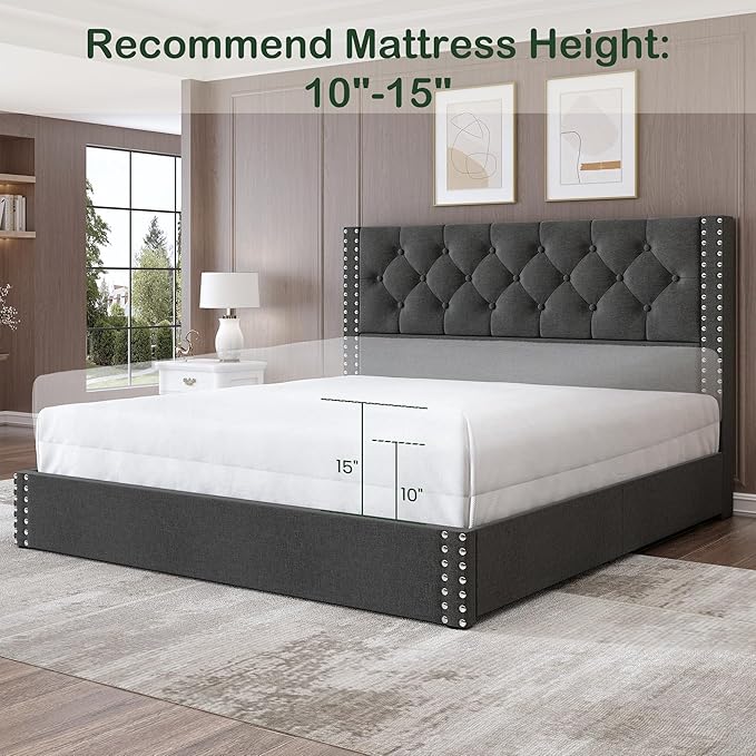 LARMACE Full Size Bed Frame Upholstered Platform Bed with 4 Storage Drawers and Tufted Headboard Linen Bed Frame with Heavy Duty Wood Slats, No Box Spring Needed, Easy Assembly, Dark Grey