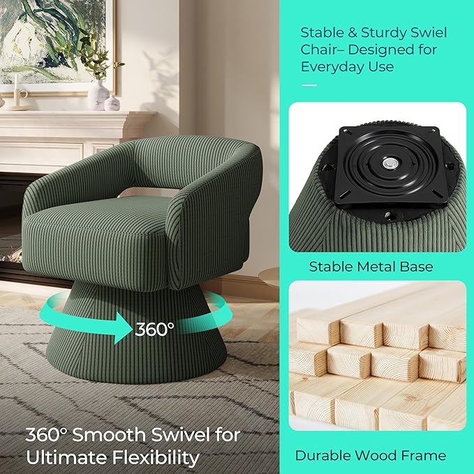 LINSY Swivel Accent Chair, Small Barrel Chair 360 Swivel Modern Armchair, Upholstered Reading Chair for Small Spaces Living Room, Vanity Chair for Bedroom, Green