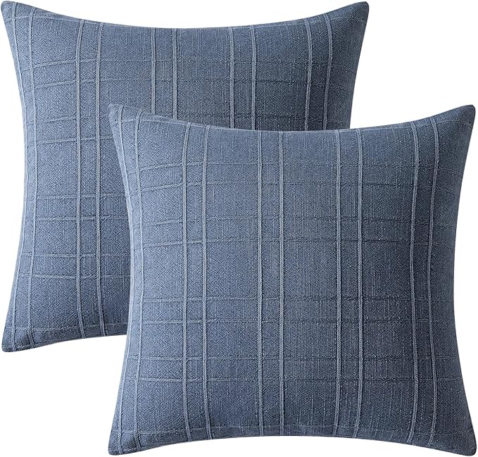 MIULEE Decorative Linen Check Throw Pillow Covers Neutral Farmhouse Vintage Pillow Covers 20x20 Set of 2 Boho Modern Home Decor for Sofa Couch Bedroom Cushion Blue