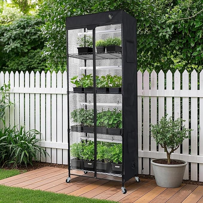 WORTH Mini Greenhouse with LED Grow Lights & Digital Thermo-Hygrometer – Portable Indoor Plant Grow Tent with Oxford Fabric Cover, Adjustable Shelves, Casters & Ventilation Flaps for Seed Starting