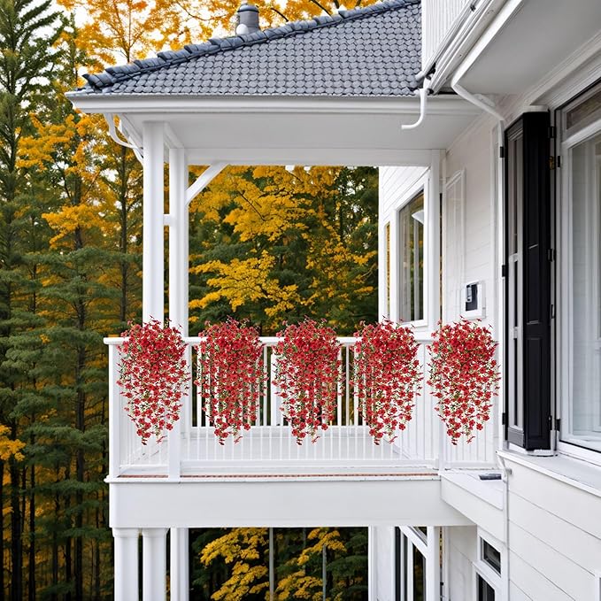 Artificial Hanging Flowers for Outdoors Faux Plants Decoration, 2 Packs Fake Silk Daisy Flower Realistic Outdoor Flowers UV Resistant Porch Patio Window Yard Outside Decor(Red)