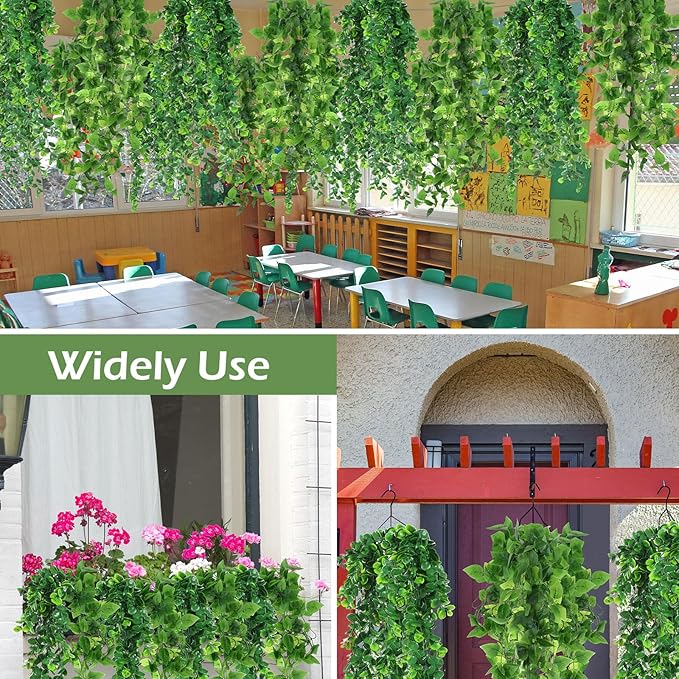 Hoteam 12 Pcs Artificial Hanging Plants 32 Inch Fake Ivy Vines with Fake Leaves Patio Artificial Plants Greenery for Living Room Indoor Outdoor Wall, No Basket (Pothos,Eucalyptus)