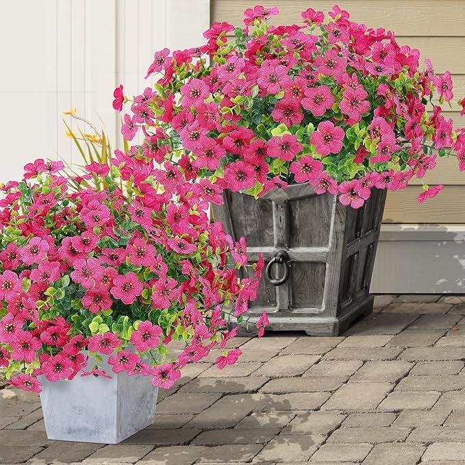 10 Bundles Artificial Faux Flowers for Outdoor,10Pcs Fake Flowers for Home Decor,Plastic Flowers Shrubs Lifelike Artificial Greenery Home Porch Stems Outside Decor(Rose Red)