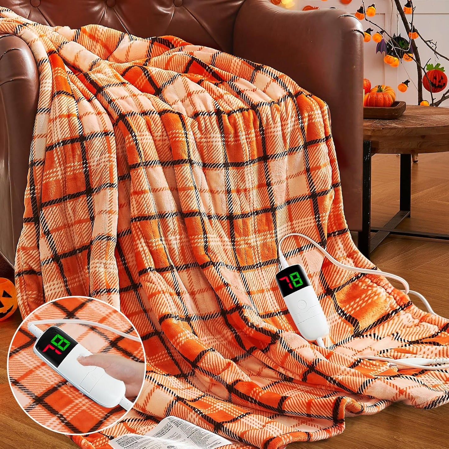 Orange Heated Throw Blanket Electric, 50X60 Heating Throw with 10 Heats Levels&8 Hours Auto Off&Timer for Lap, Plaid Soft Sherpa Orange Blanket Warmer Gift for Women Adults,Halloween Home Decor, ETL