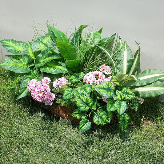 Artificial Greenery Plants & Flowers for Outdoor UV Resistant 10 Bundles Fake Plants Plastic Leaves with Stems for Outside Garden Porch Decor (Mixed-PurplePink)