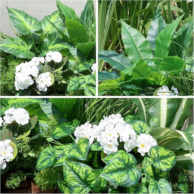 10 Bundles Artificial Greenery Plants & Flowers for Outdoor UV Resistant Fake Plants Plastic Leaves with Stems for Outside Garden Porch Decor (Mixed-White)