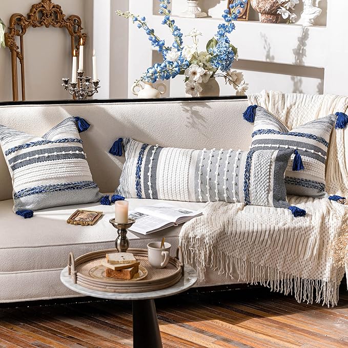 BlissBlush Navy Dark Blue Boho Decorative Lumbar Pillow Cover 14x36, Long Body Pillow for Bed, Accent Lumbar Throw Pillow for Couch, Modern Farmhouse Textured Pillowcase