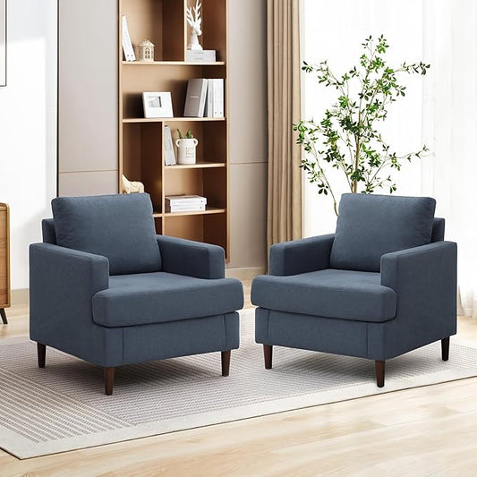 Mid-Century Accent Chair,Modern Linen Fabric Armchair for Living Room,Comfy Upholstered Reading Accent Chairs for Bedroom,Single Sofa Chair with Wood Legs (Blue Grey, 2 Pack)