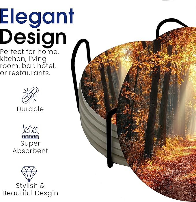 Fall Season Leaves Round Coasters Set of 6 - Abosrbent Ceramic Coasters with Metal Stand for Drinks, Coffee, Non-Slip Cork Back for Tabletop Protection, 4 Inches (Fall Path)