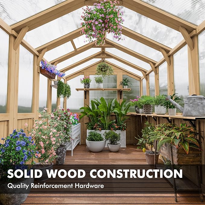 Restland 6x8 FT Wood Greenhouse with Shelves Reinforced Frame Walk-in Greenhouses with Adjustable Roof Vents & Lockable Door Polycarbonate Green House for Outside