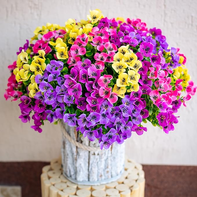 Artificial Flowers Outdoor Fake Plants - 16 Bundles UV Resistant No Fade Faux Shrubs Plastic Greenery Home Garden Porch Patio Decoration (1, Multi02-16pcs)