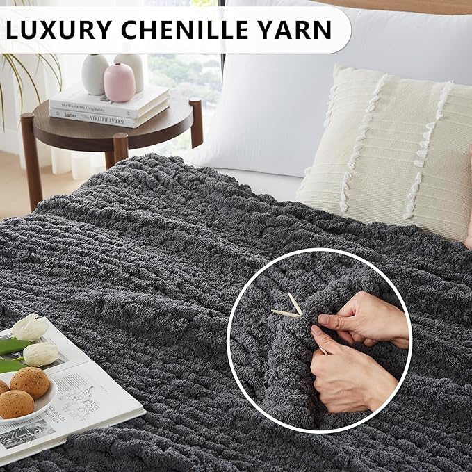 L'AGRATY Chunky Knit Blanket Throw: 60''x80'' Chenille Chunky Knitted Throw Blankets for Twin Bed Couch - Handmade Thick Cable Knit Blanket - Large Crochet Rope Blankets for Home Decor(Dark Grey)