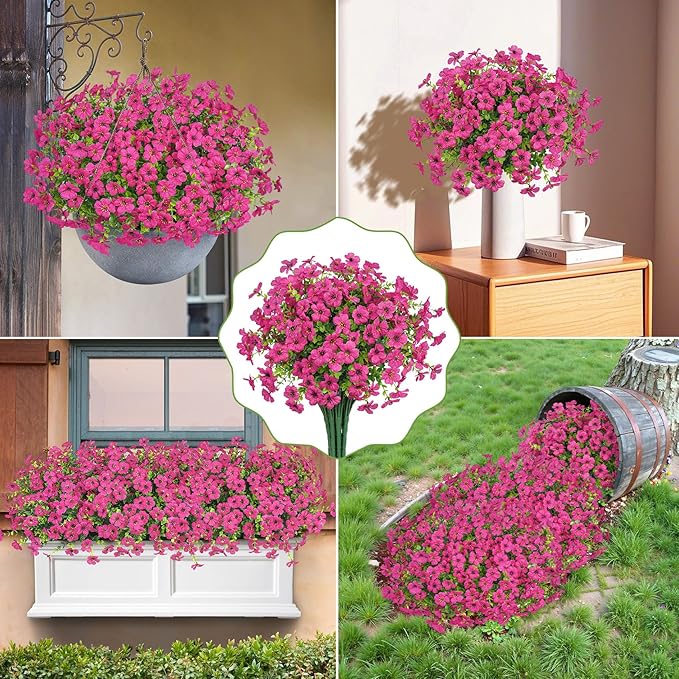 20 Bundles Artificial Flowers for Outdoors Decoration Fake Silk Flowers UV Resistant Faux Plants Artificial Daisy Eucalyptus for Spring Summer Garden Yard Porch Window Home Decor, Fuchsia
