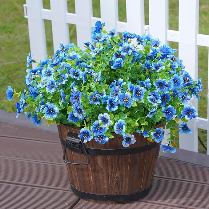 Artificial Fake Plants Flowers for Outdoor Outside Summer Decoration, 12 Bundles Faux Silk Blue Daisy UV Resistant Look Real for Porch Patio Home Yard Garden Planter