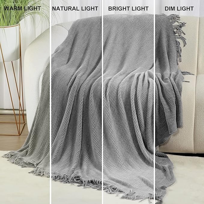 Blagic Grey Throw Blanket for Couch Soft Farmhouse Chenille Boho Throw Blanket with Tassels Home Decorative Lightweight Throw Blankets, Throws for Bed/Chair/Sofa, Stripe Textured (Light Grey,50"x60")