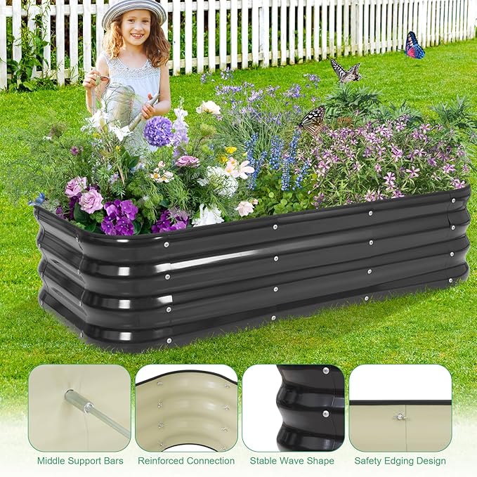 1MORE Raised Garden Bed -4X2X1 Galvanized Planter Box for Outdoor Gardening,3 in 1 Modular Raised Bed Kit with Protective Tape, Gloves for Herb, Flower，Ideal for Vegetables and Plants.Grey-1Pcak