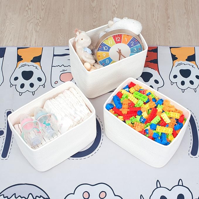 MINTWOOD Design 3-Pack Storage Baskets for Shelves, Playroom and Classroom, Book Basket, Decorative Cube Bins, Woven Closet Organizers, Baby Nursery Baskets, Creamy White