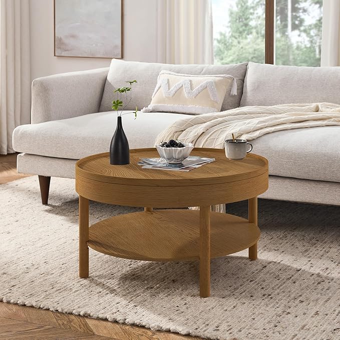 Round Coffee Table,Living Room Table with 3 Tiers 31.5 Inch Storage Pivoting Table with 3 Tiers, Made Entirely of Rubberwood and MDF Board (Brown 31.5" x 31.5" x 17.75")