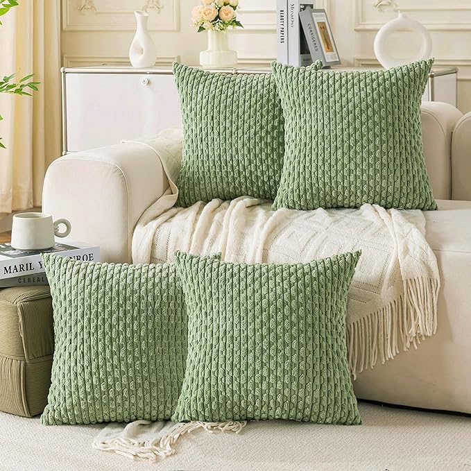 Set of 4 Sage Green Decorative Throw Pillow Covers 20x20 Inch Corduroy Pillow Covers for Bed Couch Sofa Living Room Soft Square Cushion Cases