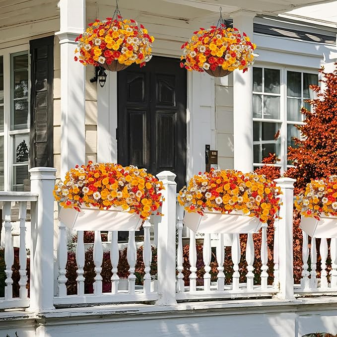 Artificial Fall Flowers for Outdoor, Fake Petunias Plants, Faux Flower, Fake Mums, 4PCS Fall Outdoor Decoration, UV Resistant, Silk Morning Glorias, for Home Garden Porch Planter (Early Harvest)