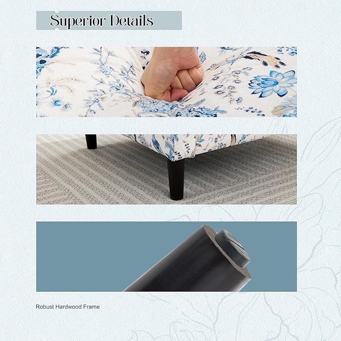 Mid-Century Accent Chair,Modern Linen Fabric Armchair for Living Room,Comfy Upholstered Reading Accent Chairs for Bedroom,Single Sofa Chair with Wood Legs (Blue Flowered Bird, 2 Pack)