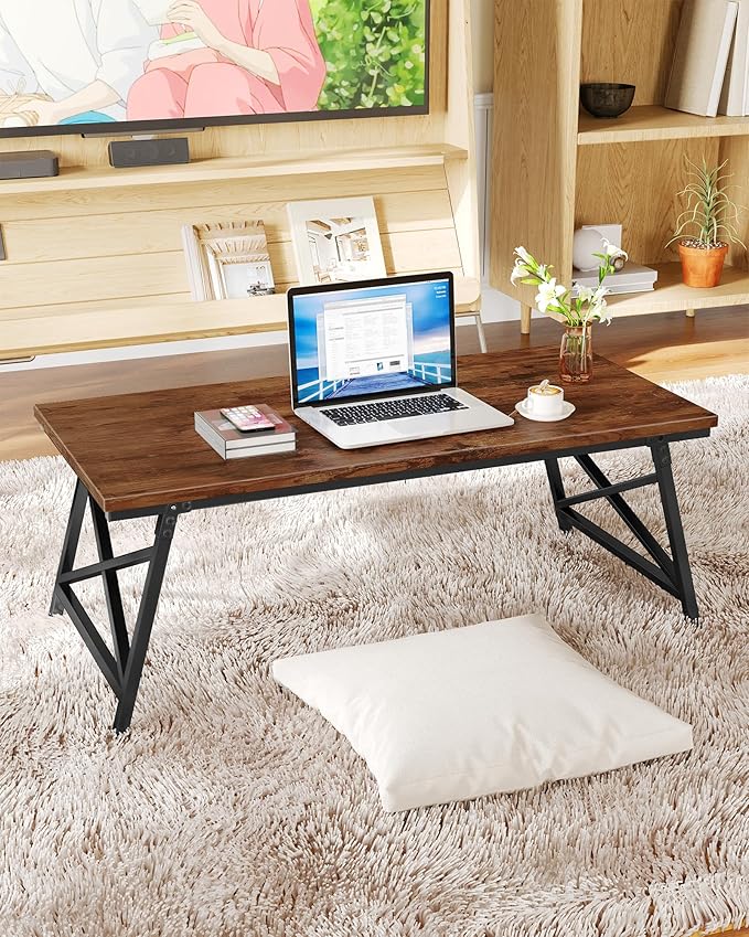 41.3" Folding Coffee Table with Safety Buckles, Low Coffee Table, Portable Floor Table, for Sitting on The Floor, for Living Room, Bedroom, Balcony, Caravan, Rustic Brown and Black TKF01BF