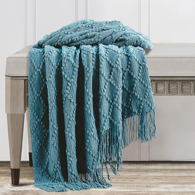 BOURINA Teal Throw Blanket 50 x70 Inches Jacquard Argyle Throw Textured Solid Soft Throws and Blankets for Sofa or Bed Knitted Decorative Blanket
