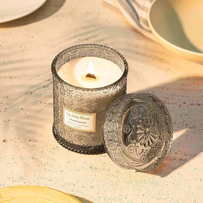 LA JOLIE MUSE Vanilla Coconut Candle, 19 oz Wood Wicked Candles for Home Scented, Natural Soy Wax, Large Glass Jar Candle, 90 Hours Long Burning, Island Coconut