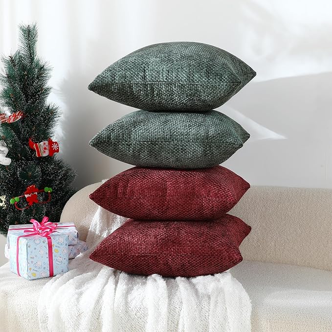 Stellhome 4 Packs Christmas Decorative Throw Pillow Covers Chenille Woven Textured Luxury Accent Cushion Cases for Living Room Couch Bed Sofa Farmhouse Boho Home, 16x16 inch, Hunter Green and Wine Red