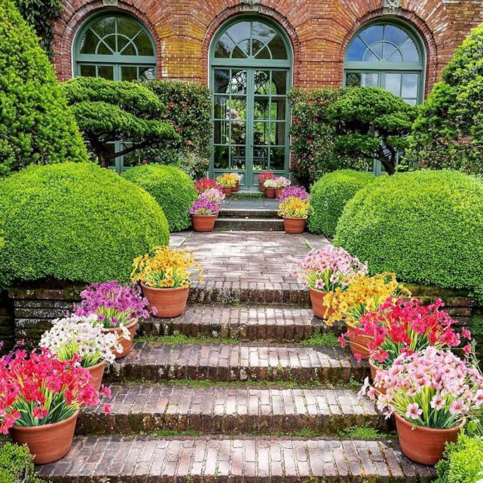 12 Bundles Artificial Flowers Outdoor UV Resistant Fake Flowers No Fade Faux Plastic Plants Garden Porch Window Box Decorating (Pink)