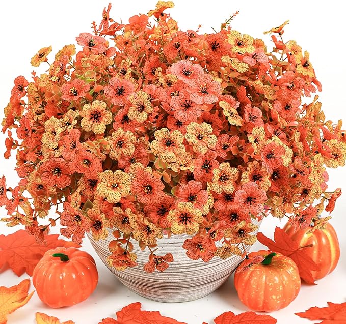 SHareconn 36 Bundles Artificial Fall Flowers for Outdoors Decoration, UV Resistant Silk Eucalyptus Lavender Faux Autumn Fake Plants for Outside Indoor Garden Yard Porch Home Decor, Autumn Orange-Red