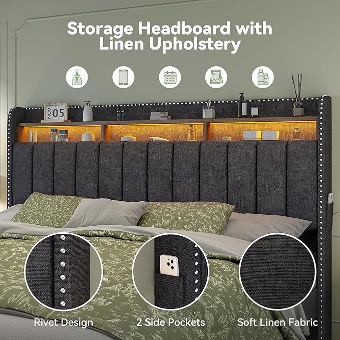 Torana Full LED Bed Frame with 2 Drawers, Linen Upholstered Storage Wingback Headboard Beds, Channel Tufted Platform Bedframe with Rivet Decor, No Box Spring Needed, Dark Grey