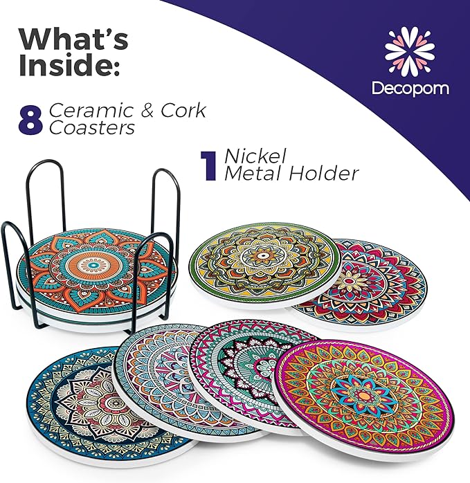 Mandala Drink Coasters with Holder - 8 Set Ceramic Boho Coaster for Drinks Absorbent with Cork Base and Black Holder - Coasters for Coffee Table Apartment Wooden Bar Mugs Glasses Cup Beer
