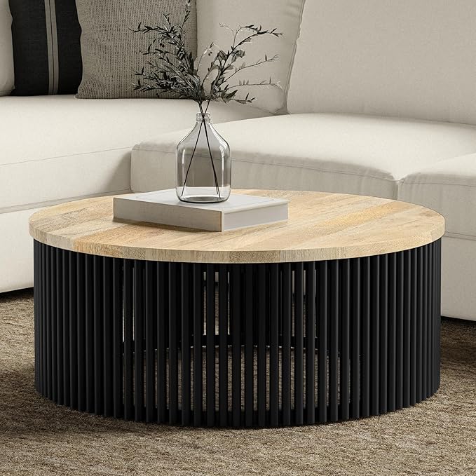 SIMPLIHOME Demy Coffee Table - 35 inch Wide Industrial Contemporary Round Cocktail Table in Natural and Black, Sculptural Living Room Table with Wood Veneer Top and Powder Coated Metal Base, Assembled