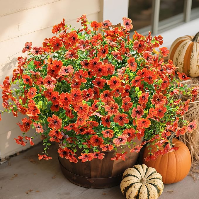 Artificial Fake Fall Mums Flowers Plants for Outdoor Outside Decoration, 12 Bundles Faux Silk Orange Daisy UV Resistant Look Real for Autumn Front Door Porch Planter Patio Garden Home