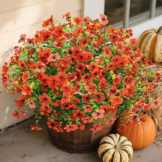 Artificial Fake Fall Mums Flowers Plants for Outdoor Outside Decoration, 12 Bundles Faux Silk Orange Daisy UV Resistant Look Real for Autumn Front Door Porch Planter Patio Garden Home