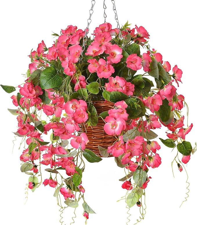 Artificial Fake Hanging Hibiscus Flowers Plants Baskets for Outdoor Decoration, Faux Silk Hibiscus Long Vines in Planter UV Resistant Realistic Flowers for Outside Porch Patio Home Decor, Pink