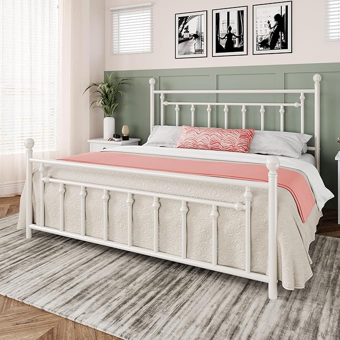 Allewie 14 Inch King Size Metal Platform Bed Frame with Victorian Vintage Headboard and Footboard/Mattress Foundation/Under Bed Storage/No Box Spring Needed/Easy Assembly/Noise Free/White