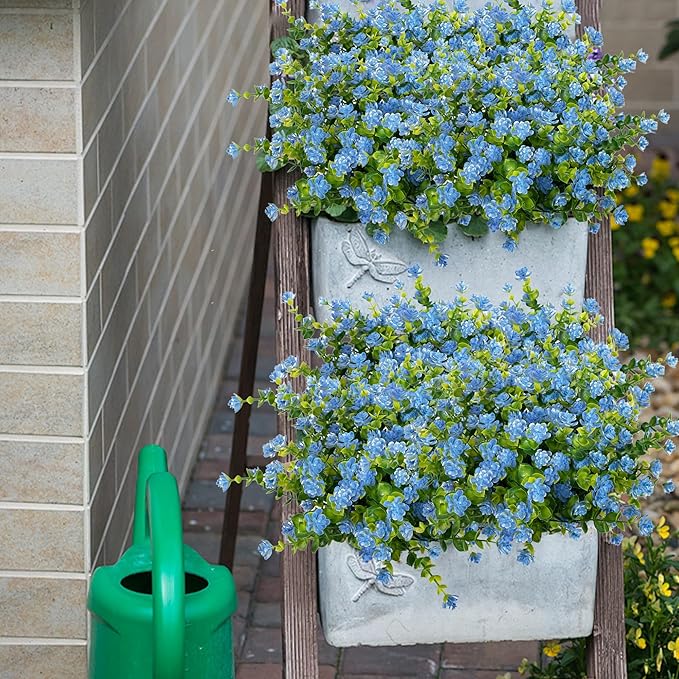 Outdoor Artificial Flowers UV Resistant, 20 Bundles Fake Realistic Floral Greenery Plants for Outside Porch, Window Boxes, Garden, Yard, Inside Home Table Decor,Blue