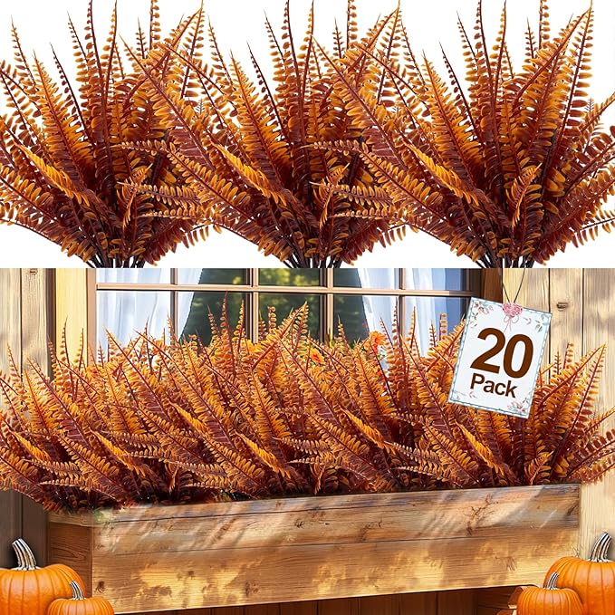 TURNMEON 20 Bundles Artificial Fall Flowers for Outdoors Fall Decorations, UV Resistant Fall Plants Faux Boston Fern Fake Mums Plastic Greenery Shrubs for Home Porch Gardens Autumn Thanksgiving Decor