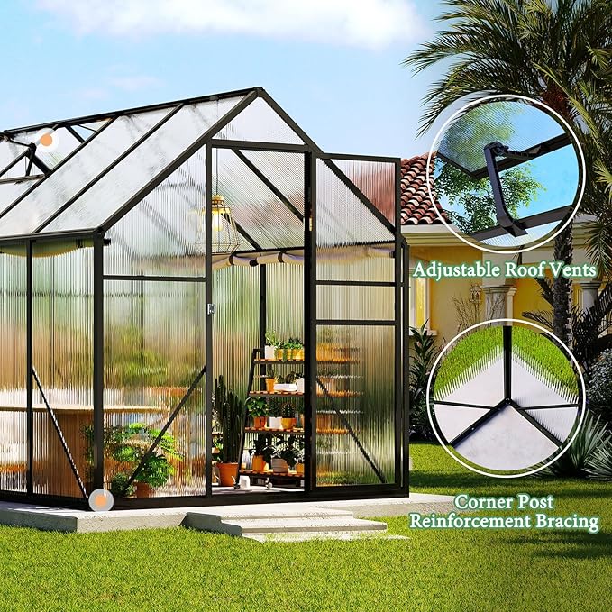 Amerlife 6x8x6.3 FT Ft Polycarbonate Greenhouse for Outdoors, Walk-in Design with Aluminum Frame, 2 Windows and Swing Door, Heavy-Duty Greenhouse Construction for Garden, Black