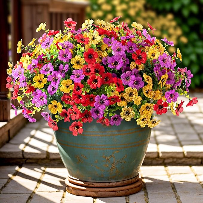 Fall Mums Artificial Flowers for Outdoors Potted, 12 Bundles Fake Fall Daisy Flower with Realistic Eucalyptus Leaves, Fake Plants for Greenery Boxwood Porch Patio Garden Pot Lawn(Red Purple Yellow)