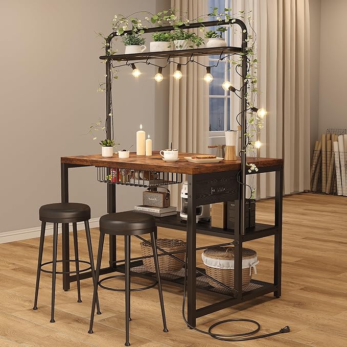 46" Large Kitchen Island Table Baker Rack with Power Outlet and 3-Tier Storage-Microwave Stand Oven Shelf, Metal Coffee Bar Table,Kitchen Storage Shelf for Dining Living Room, 5 Hooks,Vintage