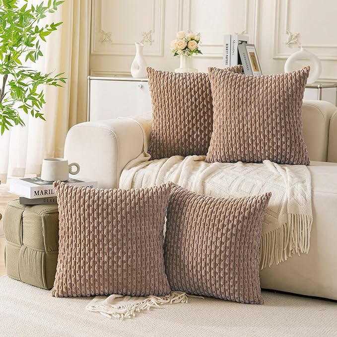 Set of 4 Light Brown Decorative Throw Pillow Covers 16x16 Inch Corduroy Pillow Covers for Bed Couch Sofa Living Room Soft Square Cushion Cases