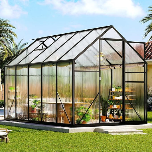Amerlife 6x10x6.3 FT Ft Polycarbonate Greenhouse for Outdoors, Walk-in Design with Aluminum Frame, 2 Windows and Swing Door, Heavy-Duty Greenhouse Construction for Garden, Black