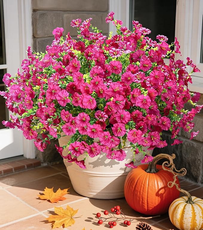 Artificial Flowers Fake Plants for Outdoors Decoration, 12 Bundles Silk Morning Glory with Eucalyptus Realistic UV Resistant Fuchsia Faux Flowers for Outside Planter Yard Patio Garden Home Indoor