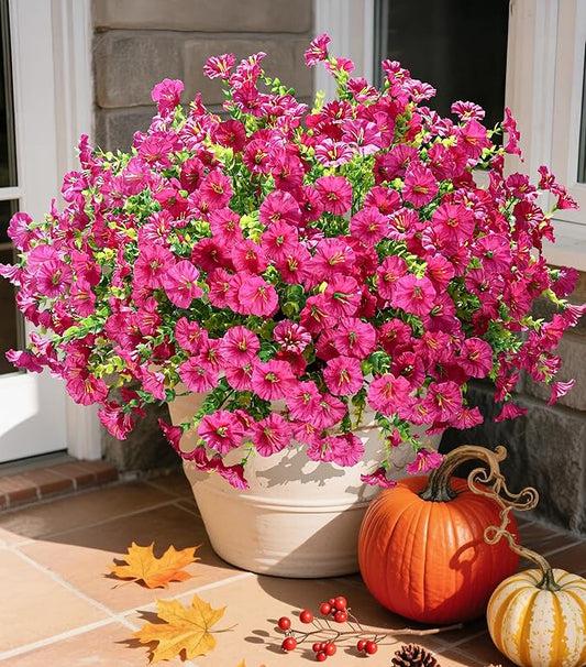 Artificial Flowers Fake Plants for Outdoors Decoration, 12 Bundles Silk Morning Glory with Eucalyptus Realistic UV Resistant Fuchsia Faux Flowers for Outside Planter Yard Patio Garden Home Indoor