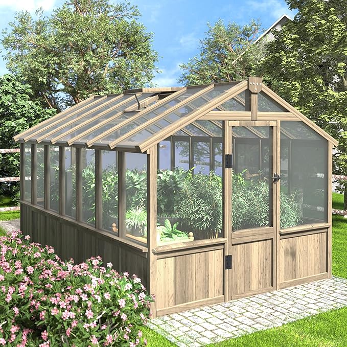 8x14 FT Outdoor Greenhouse Kit, Wooden Greenhouses for Outdoors Walk-in Green House with 6MM Thick Polycarbonate Panel & Adjustable Roof Vents, Backyard Garden, Light Mocha Brown