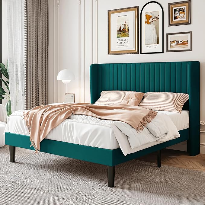 SHA CERLIN Full Size Velvet Bed Frame with Vertical Channel Tufted Wingback Headboard, Upholstered Platform Bed with Wood Slats, No Box Spring Needed, Easy Assembly, Teal